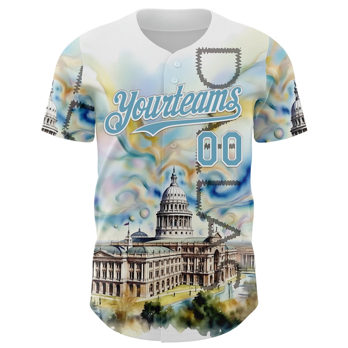 Custom White Shadow Blue Dallas Texas State Capitol Landmark City Symbol Authentic Baseball Jersey baseball jersey product view 2