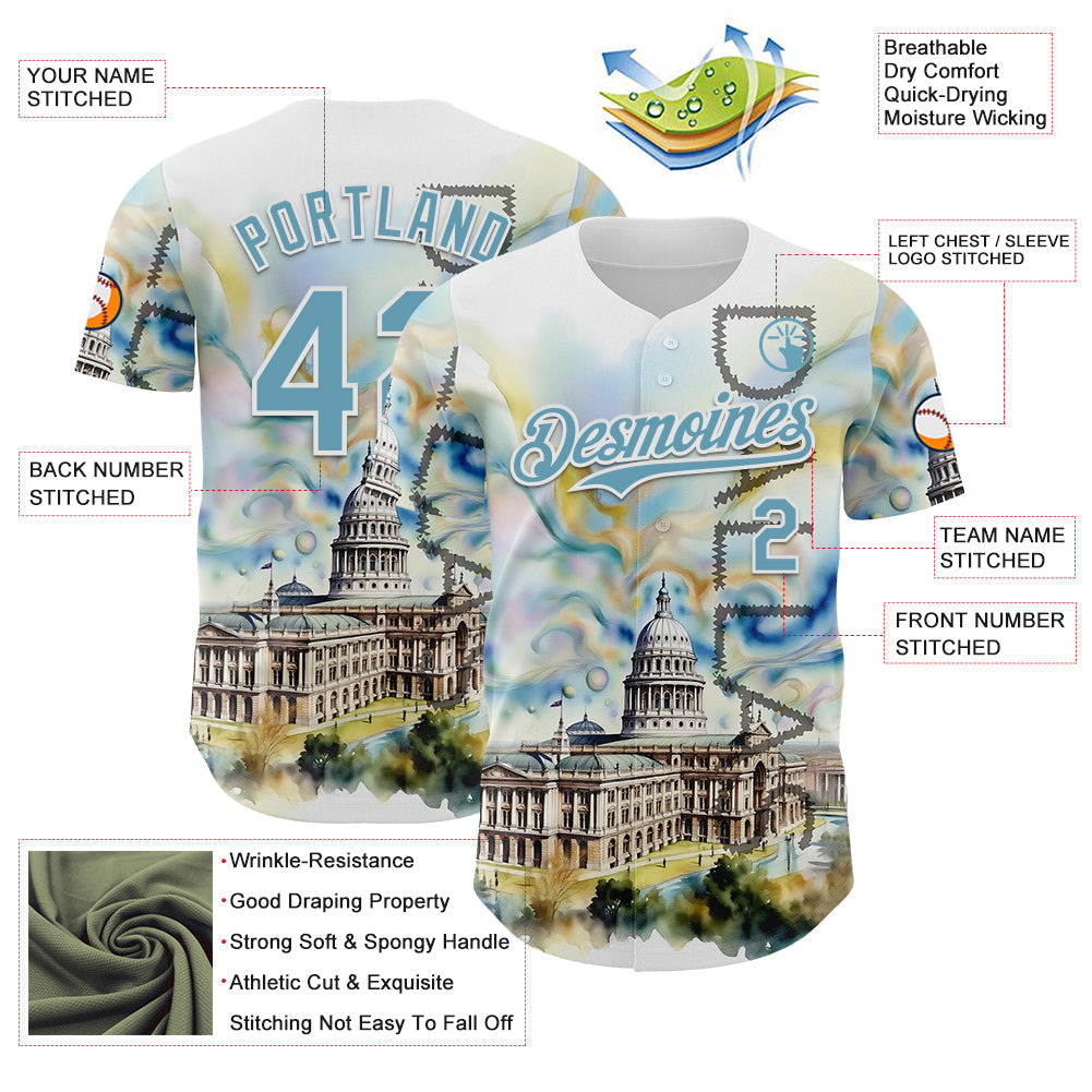 Custom White Shadow Blue Dallas Texas State Capitol Landmark City Symbol Authentic Baseball Jersey baseball jersey product view 3