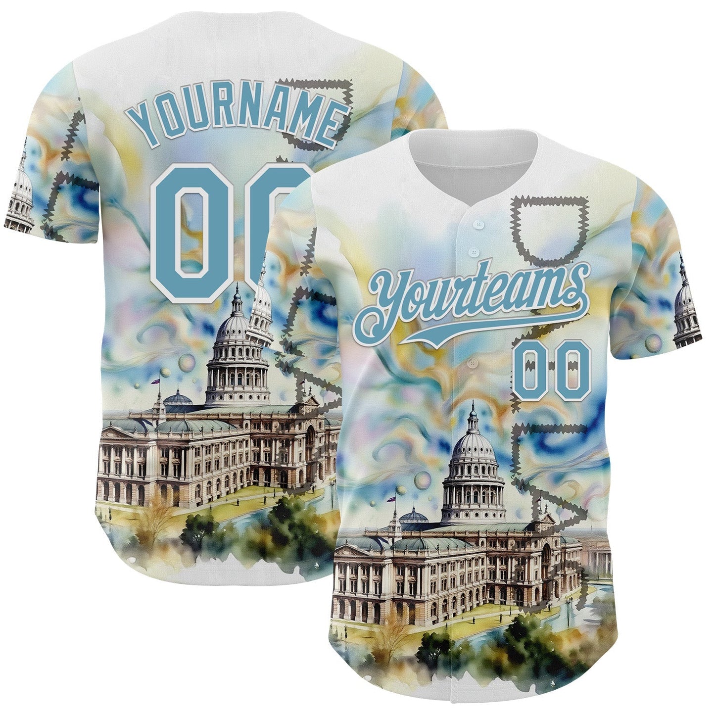 Custom White Shadow Blue Dallas Texas State Capitol Landmark City Symbol Authentic Baseball Jersey baseball jersey product view 1