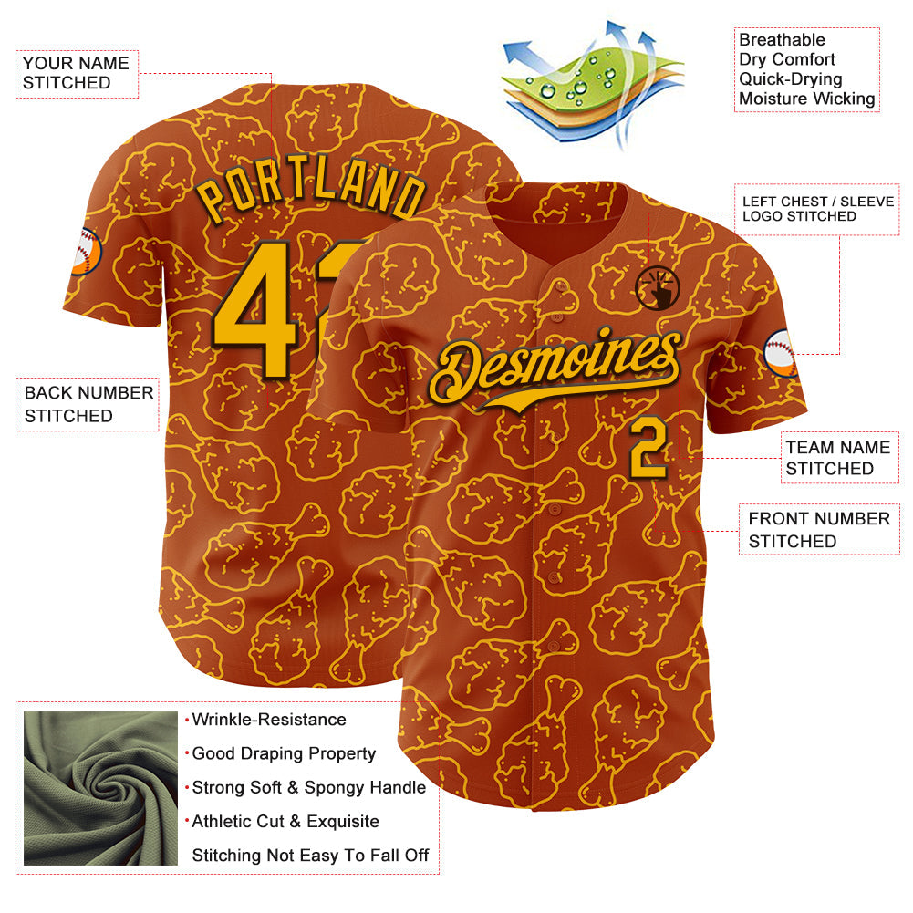 Custom Texas Orange Gold-Black Foodie Fast Food Fried Chicken Authentic Baseball Jersey baseball jersey product view 3
