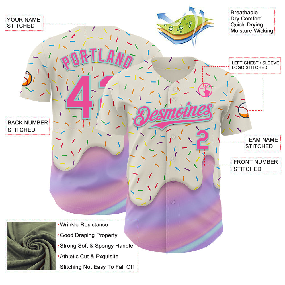 Custom Cream Pink-Ice Blue Foodie Dripping Ice Cream Authentic Baseball Jersey baseball jersey product view 3