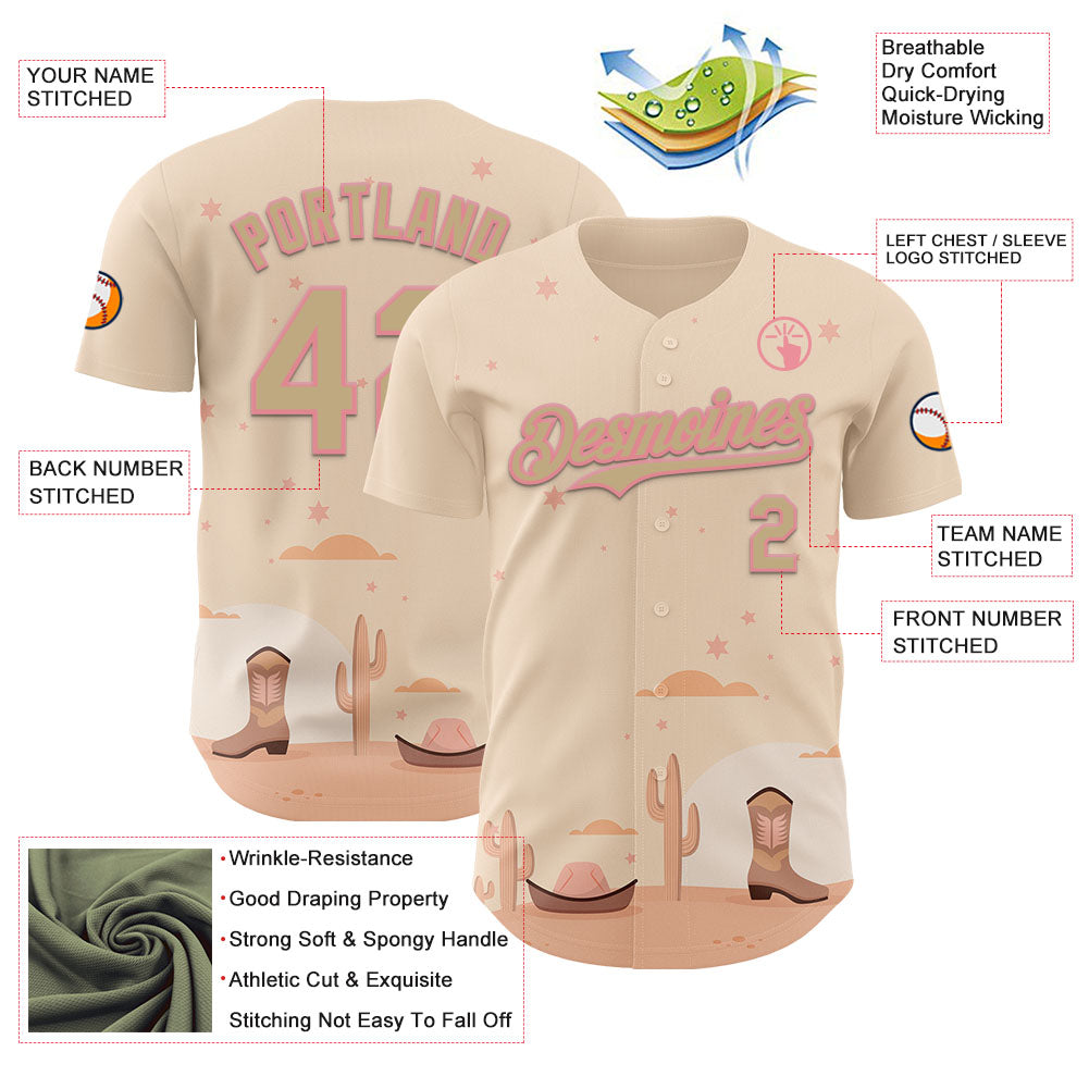 Custom City Cream Vegas Gold-Medium Pink Texas Cowboy Landscape City Edition Authentic Baseball Jersey baseball jersey product view 3