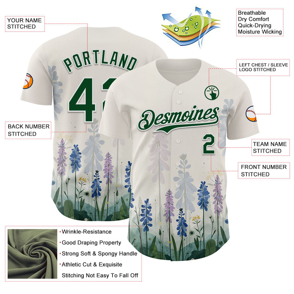 Custom White Green Texas Bluebonnet Floral City Edition Authentic Baseball Jersey baseball jersey product view 3