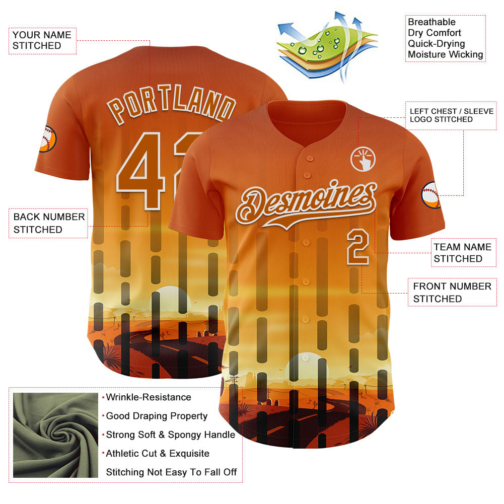Custom Texas Orange Yellow Black-White Texas Sunset Southwest Landscape City Edition Authentic Baseball Jersey baseball jersey product view 3