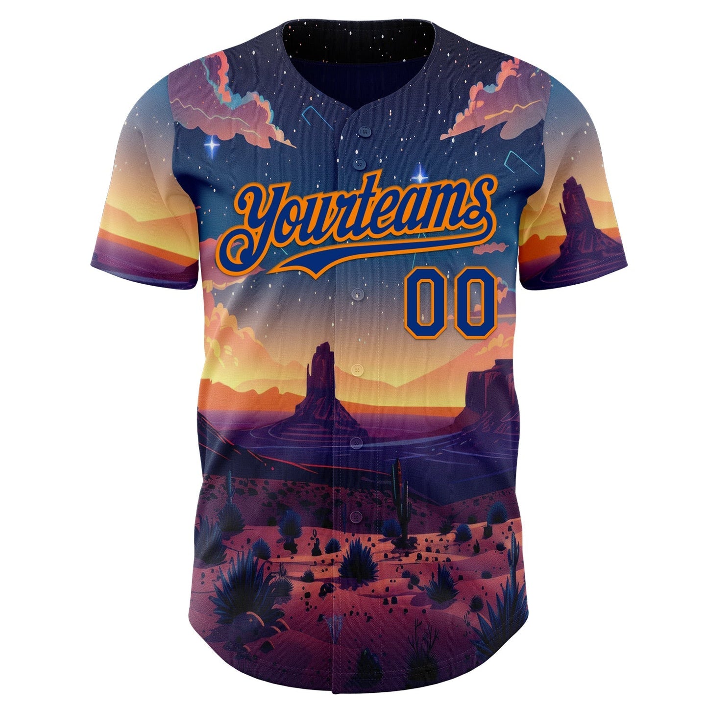 Custom Blue Royal-Bay Orange Texas Sunset Night Landscape City Edition Authentic Baseball Jersey baseball jersey product view 2