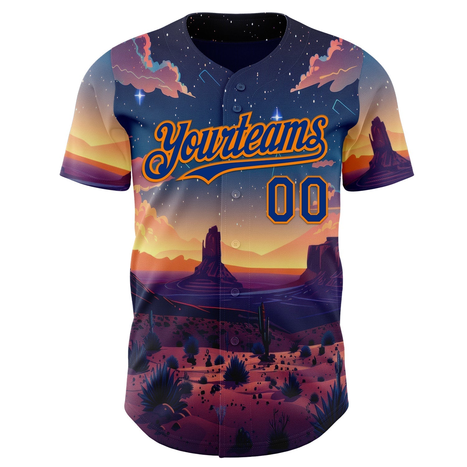 Custom Blue Royal-Bay Orange Texas Sunset Night Landscape City Edition Authentic Baseball Jersey baseball jersey product view 2