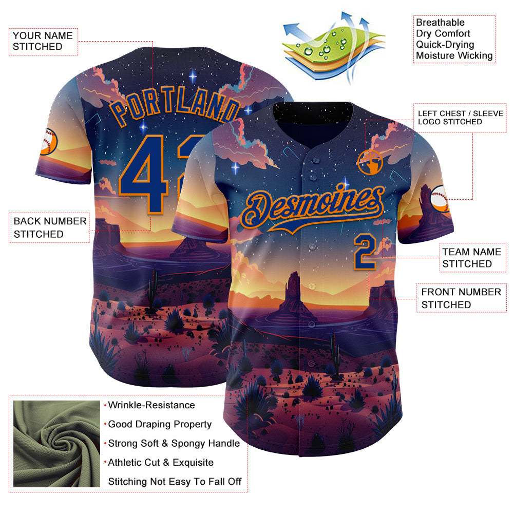 Custom Blue Royal-Bay Orange Texas Sunset Night Landscape City Edition Authentic Baseball Jersey baseball jersey product view 3