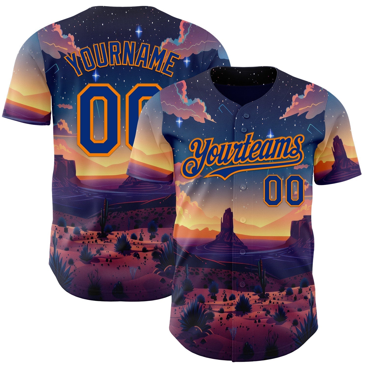 Custom Blue Royal-Bay Orange Texas Sunset Night Landscape City Edition Authentic Baseball Jersey baseball jersey product view 1