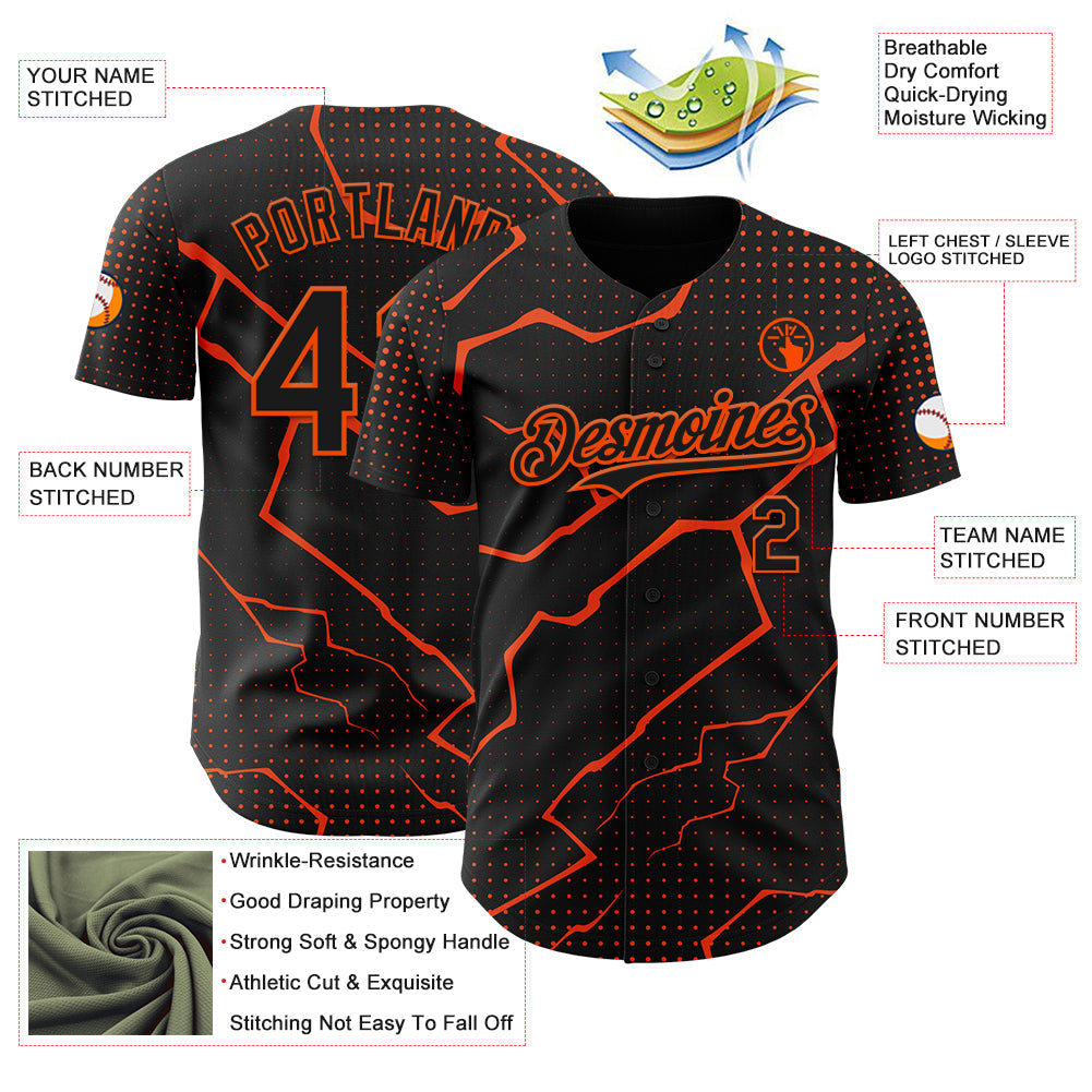 Custom Black Orange Lightning Polka Dot Authentic Baseball Jersey baseball jersey product view 3