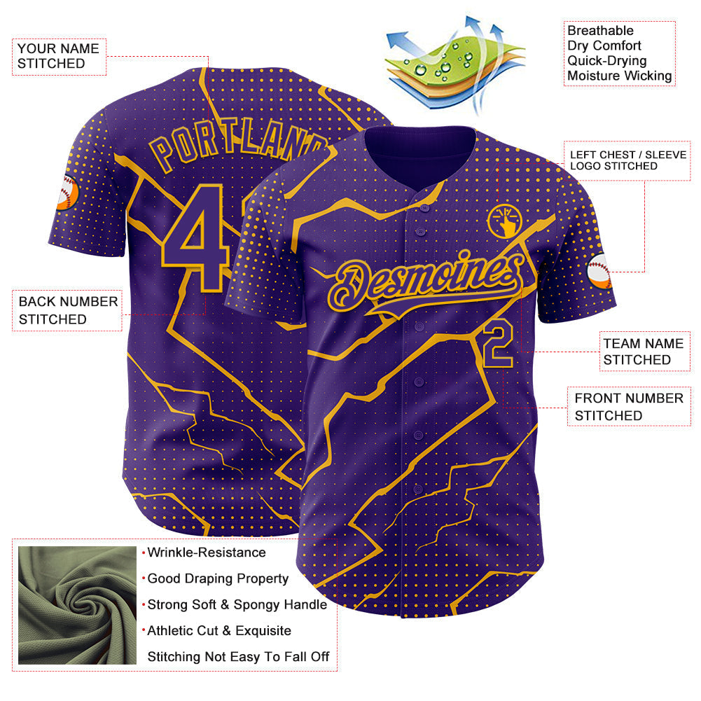 Custom Purple Gold Lightning Polka Dot Authentic Baseball Jersey baseball jersey product view 3