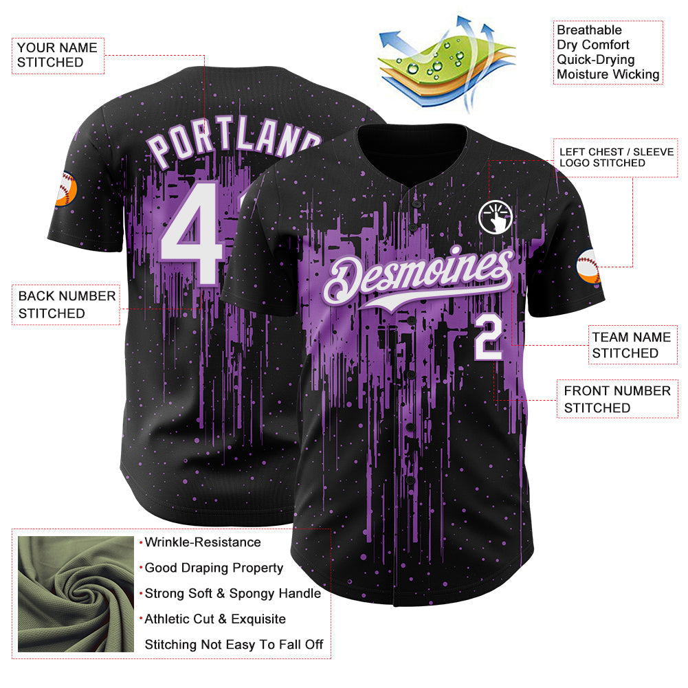 Custom Black White-Medium Purple Dripping Splatter Paint Authentic Baseball Jersey baseball jersey product view 3