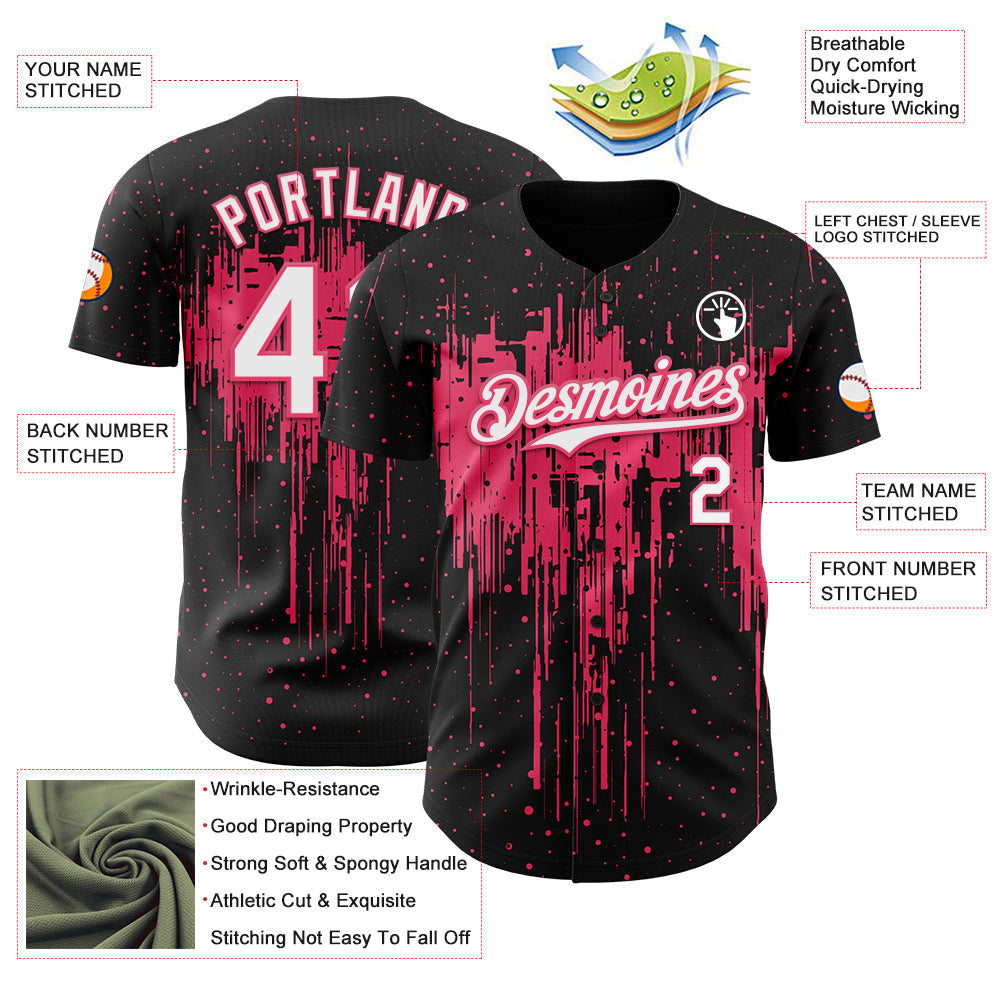 Custom Black White-Neon Pink Dripping Splatter Paint Authentic Baseball Jersey baseball jersey product view 3
