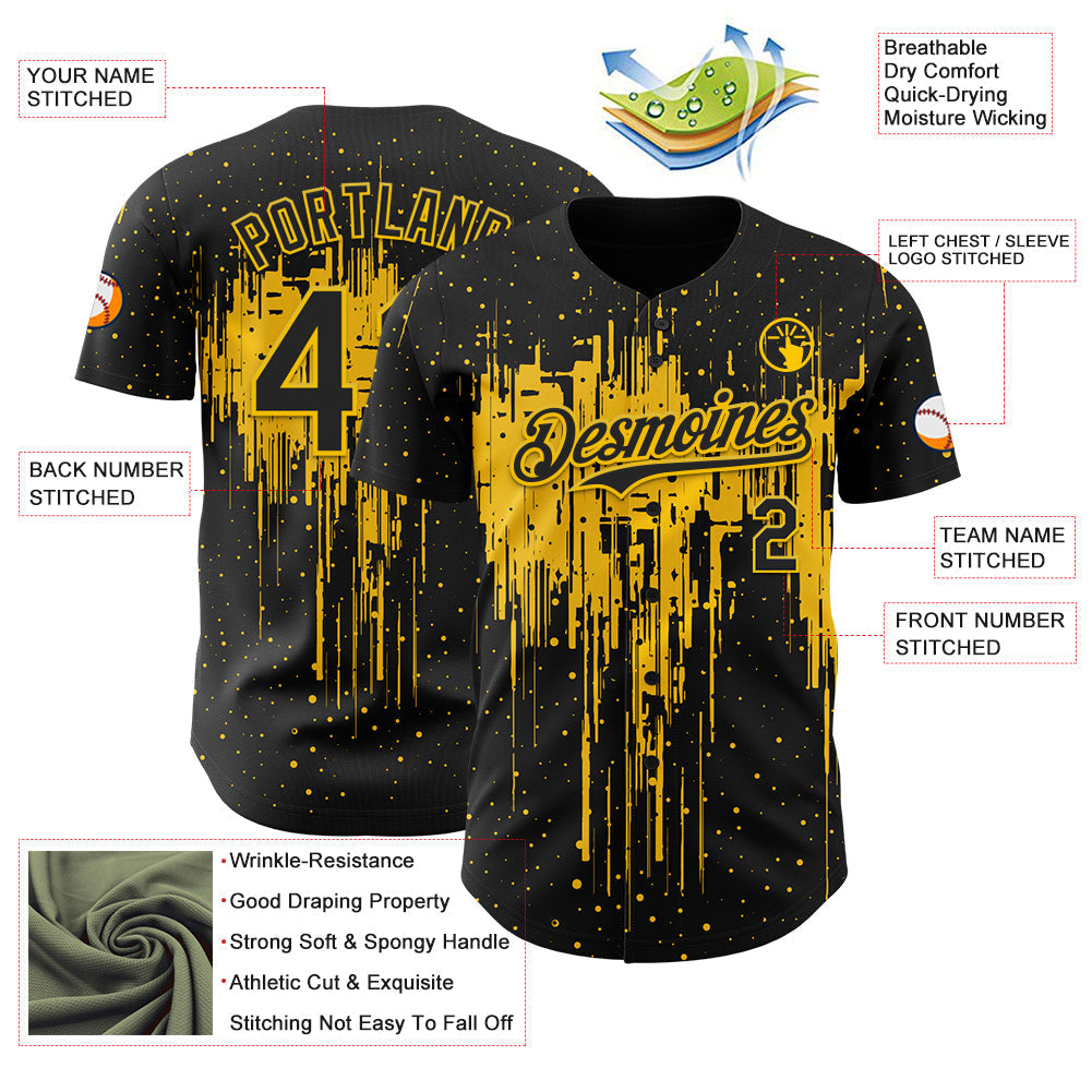 Custom Black Yellow Dripping Splatter Paint Authentic Baseball Jersey baseball jersey product view 3