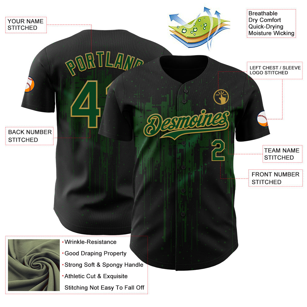 Custom Black Green-Old Gold Dripping Splatter Paint Authentic Baseball Jersey baseball jersey product view 3