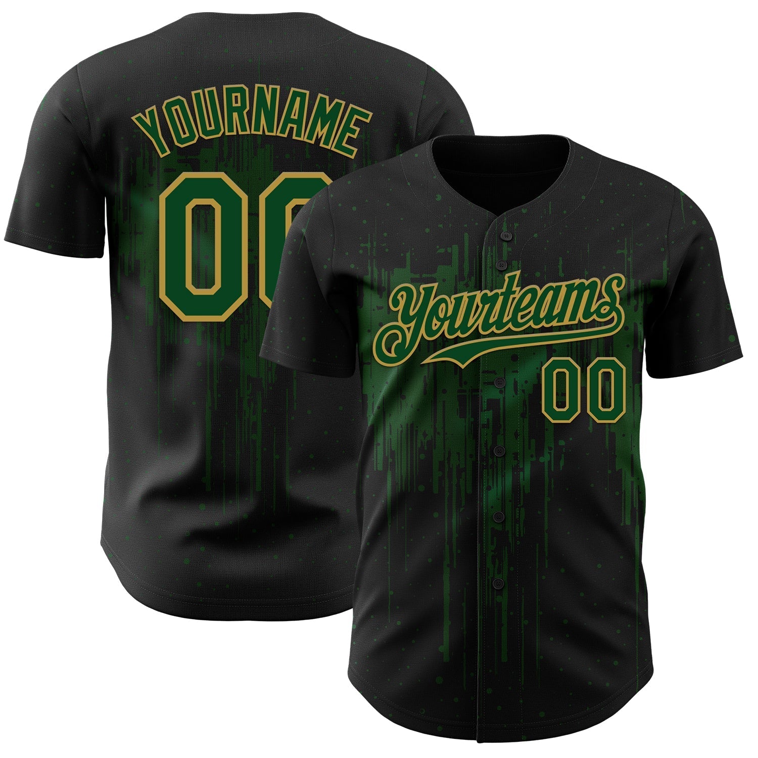 Custom Black Green-Old Gold Dripping Splatter Paint Authentic Baseball Jersey baseball jersey product view 1
