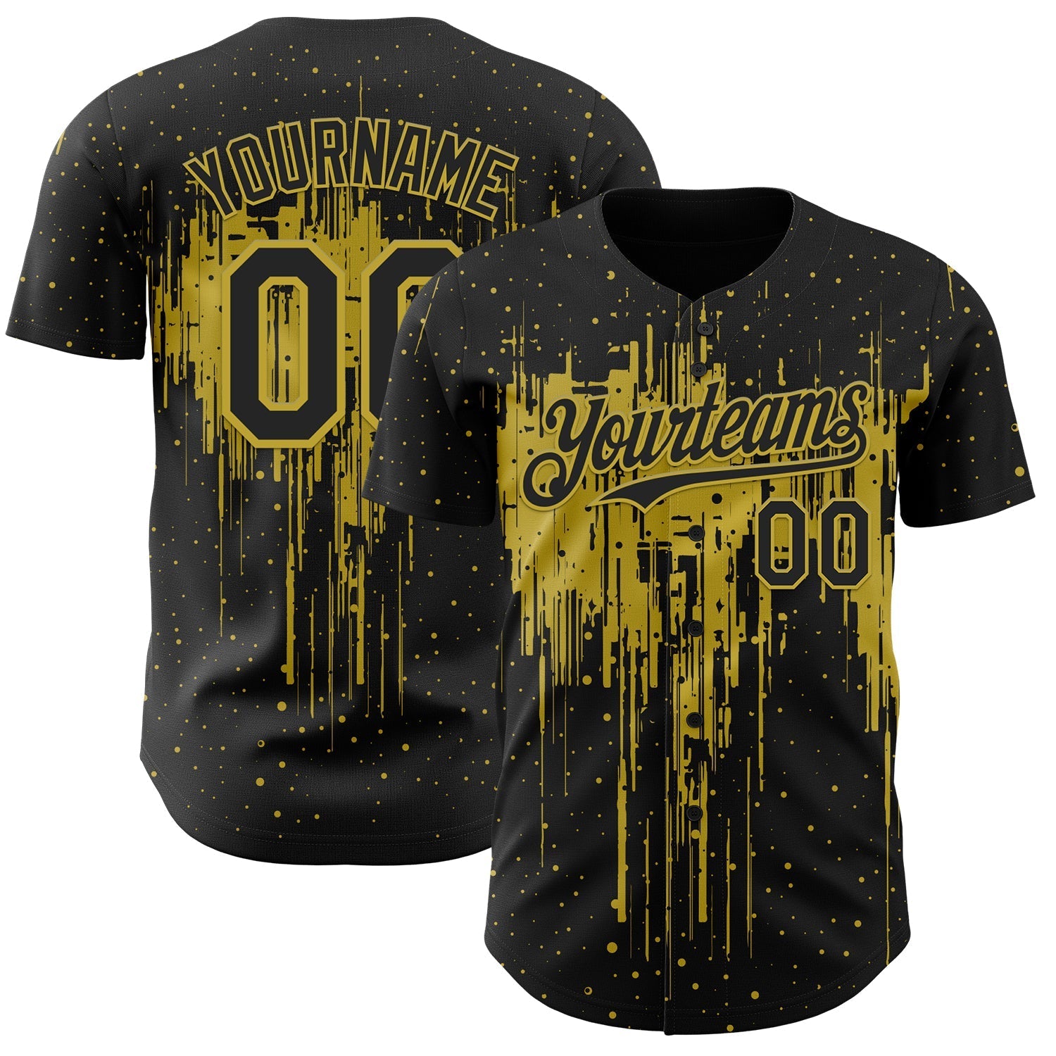 Custom Black Old Gold Dripping Splatter Paint Authentic Baseball Jersey baseball jersey product view 1