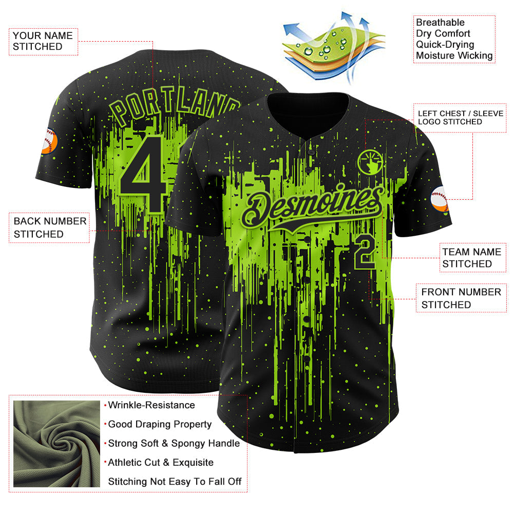 Custom Black Neon Green Dripping Splatter Paint Authentic Baseball Jersey baseball jersey product view 3