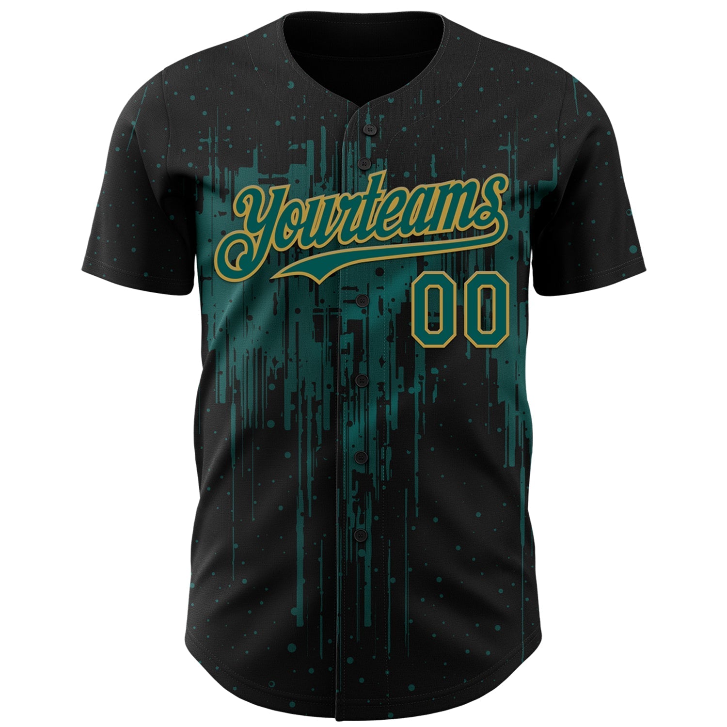 Custom Black Midnight Green-Old Gold Dripping Splatter Paint Authentic Baseball Jersey baseball jersey product view 2