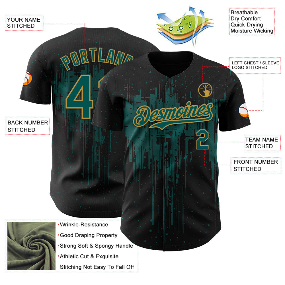 Custom Black Midnight Green-Old Gold Dripping Splatter Paint Authentic Baseball Jersey baseball jersey product view 3