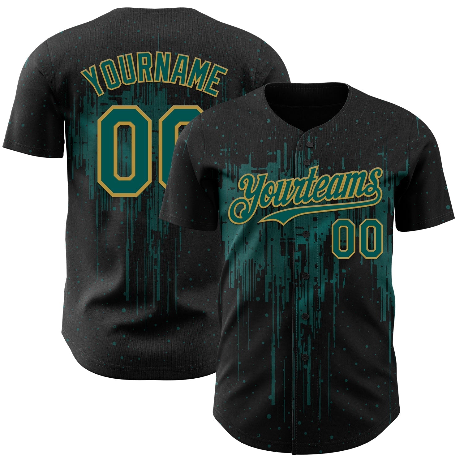 Custom Black Midnight Green-Old Gold Dripping Splatter Paint Authentic Baseball Jersey baseball jersey product view 1