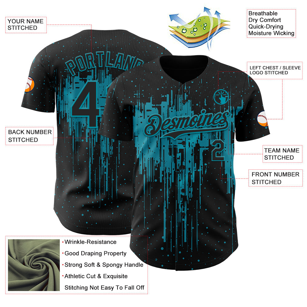 Custom Black Teal Dripping Splatter Paint Authentic Baseball Jersey baseball jersey product view 3