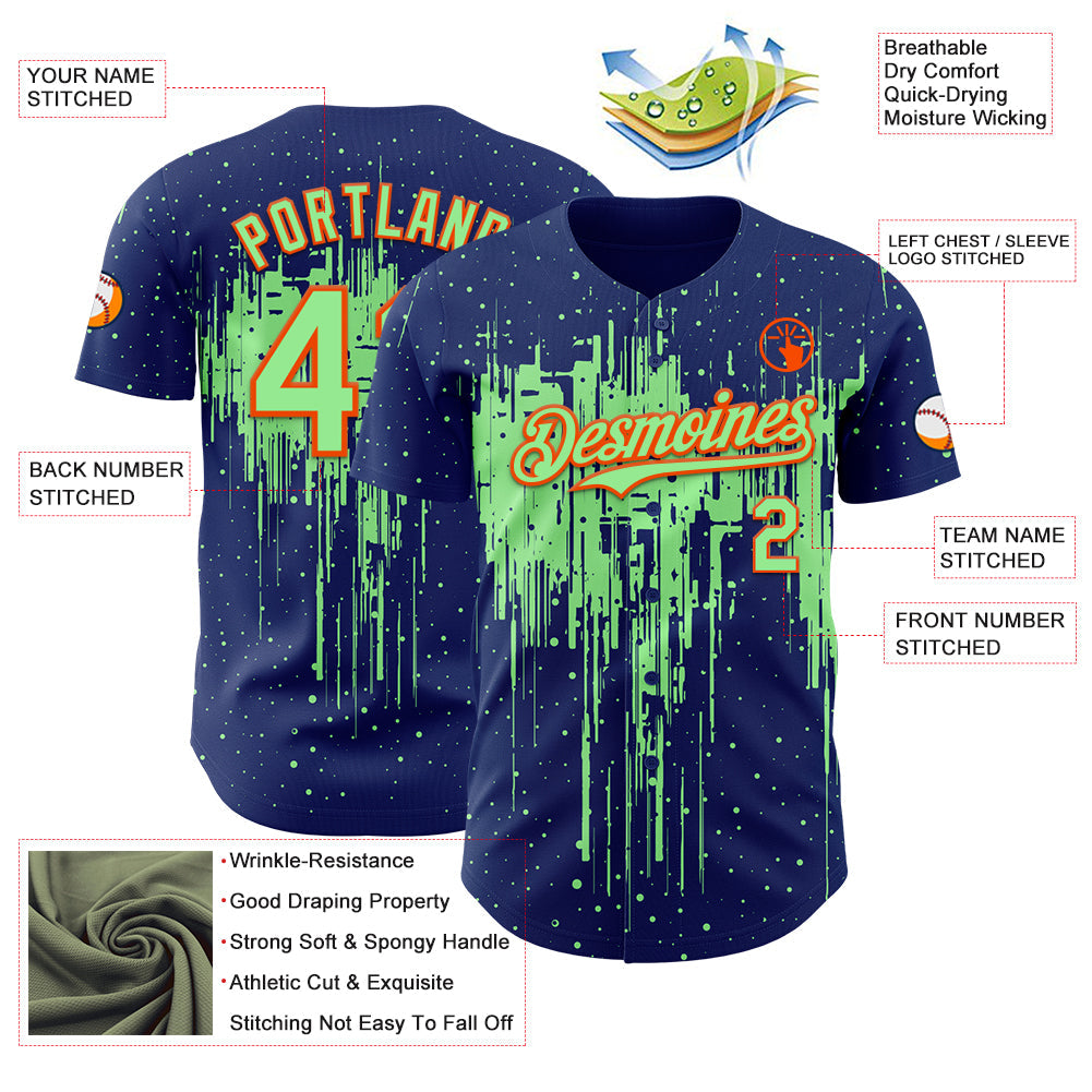 Custom Royal Pea Green-Orange Dripping Splatter Paint Authentic Baseball Jersey baseball jersey product view 3