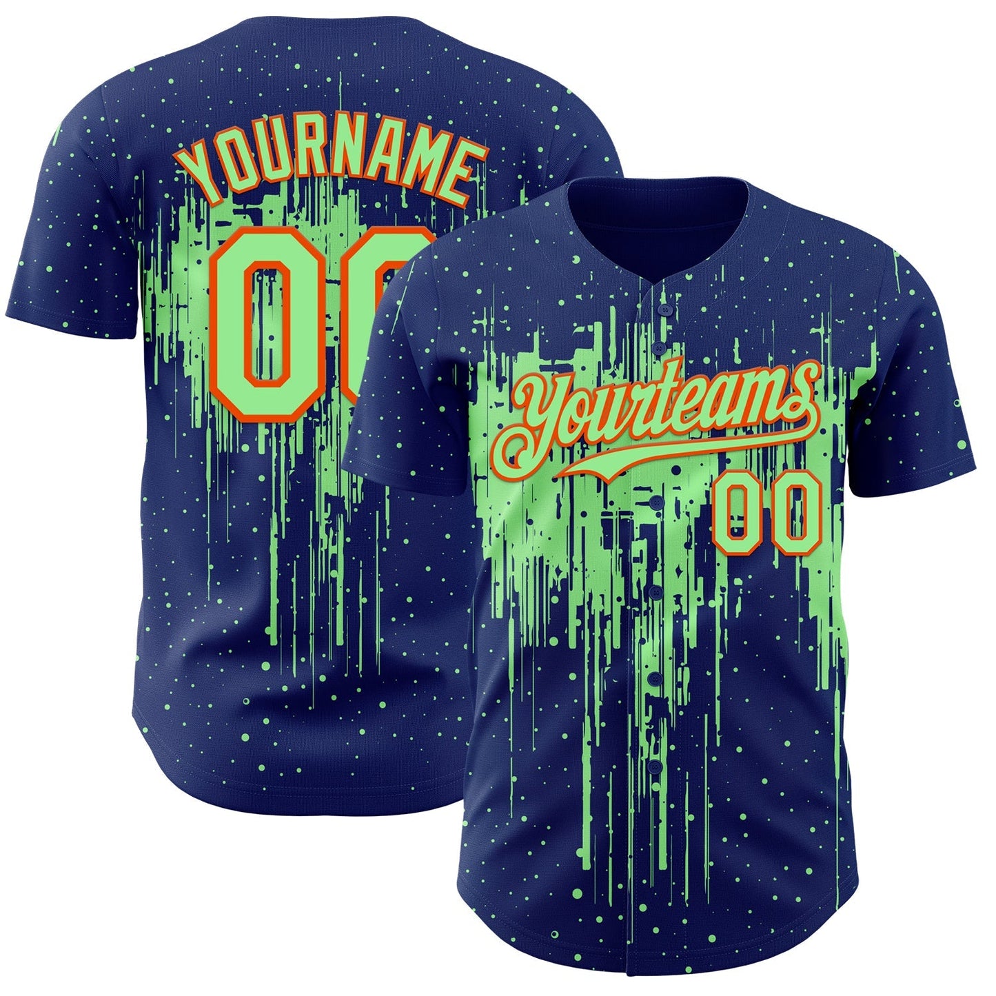 Custom Royal Pea Green-Orange Dripping Splatter Paint Authentic Baseball Jersey baseball jersey product view 1