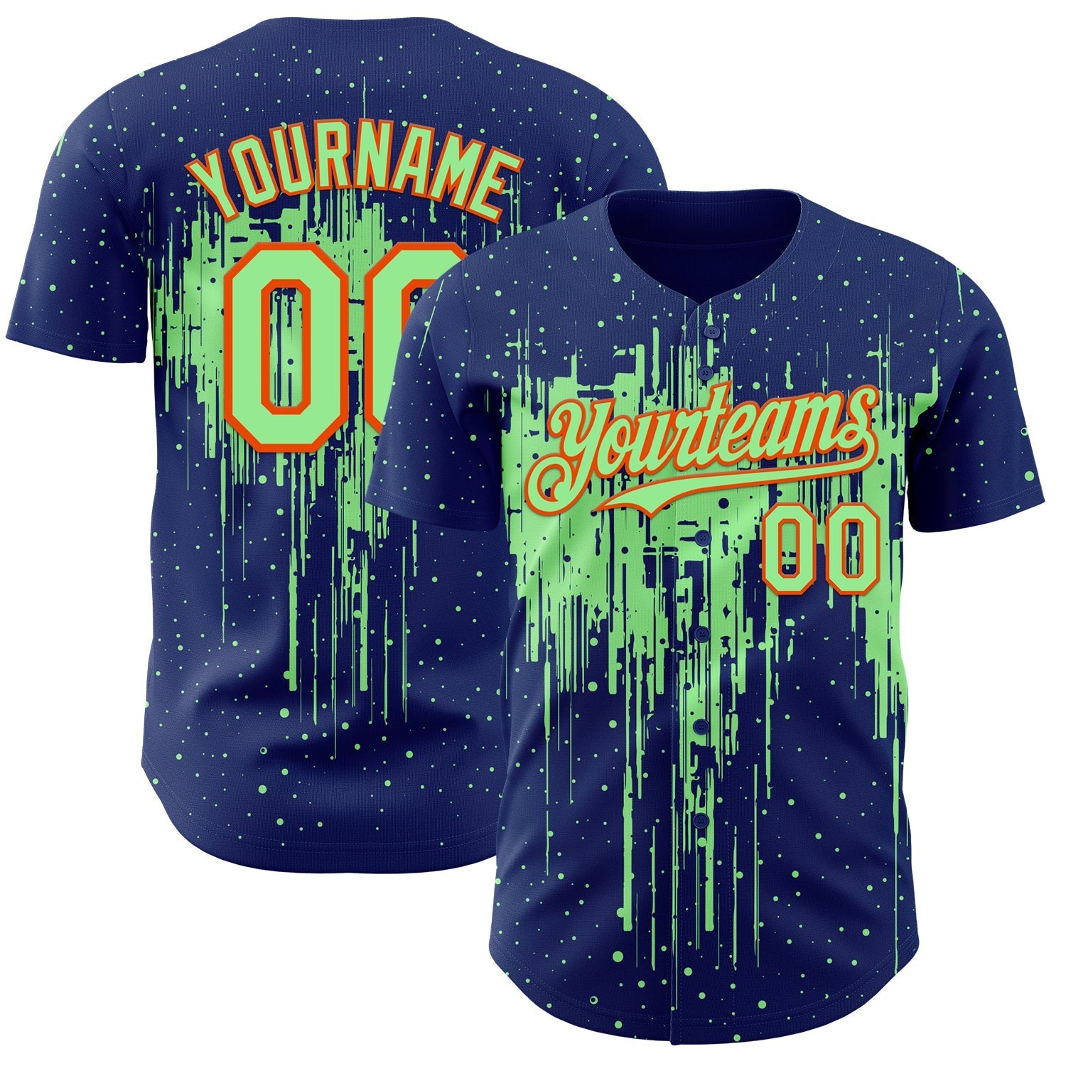 Custom Royal Pea Green-Orange Dripping Splatter Paint Authentic Baseball Jersey baseball jersey product view 1