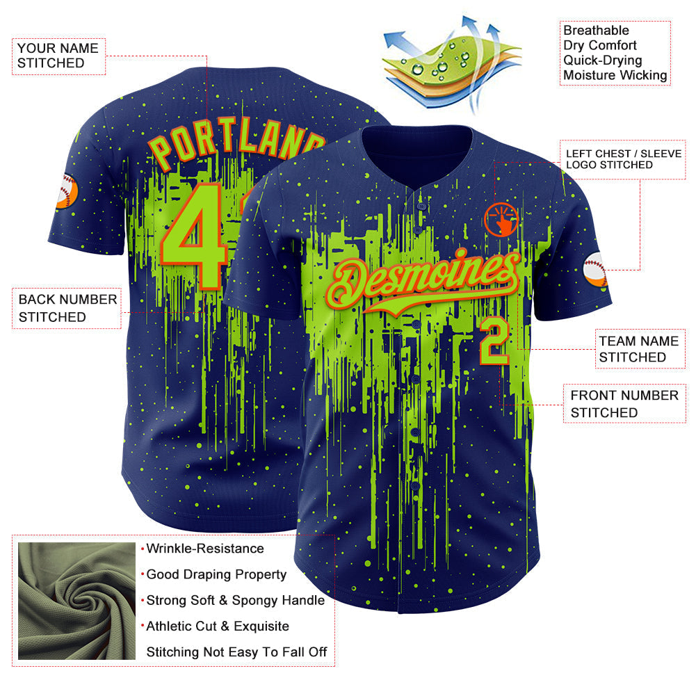 Custom Royal Neon Green-Orange Dripping Splatter Paint Authentic Baseball Jersey baseball jersey product view 3
