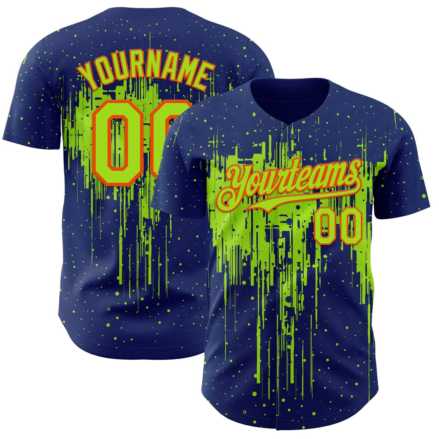 Custom Royal Neon Green-Orange Dripping Splatter Paint Authentic Baseball Jersey baseball jersey product view 1
