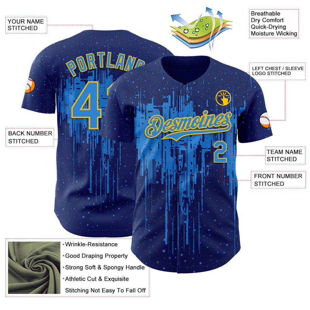 Custom Royal Powder Blue-Yellow Dripping Splatter Paint Authentic Baseball Jersey baseball jersey product view 3