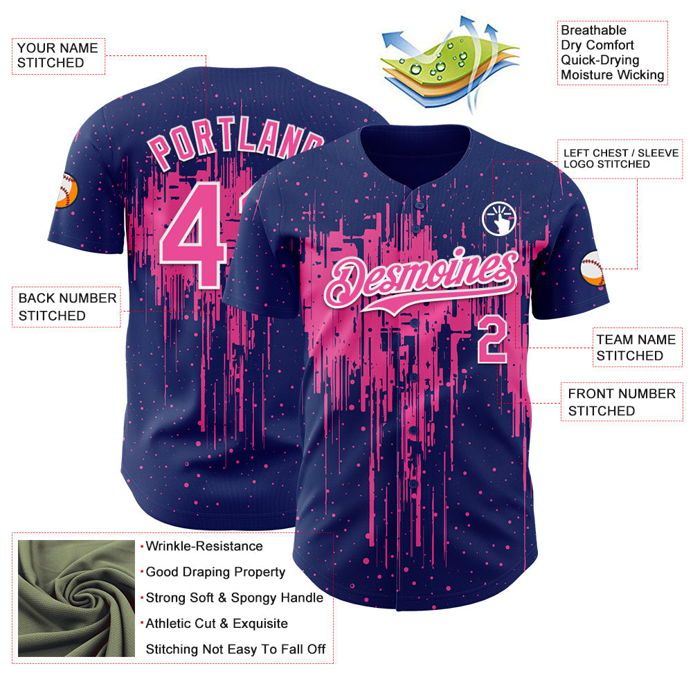 Custom Royal Pink-White Dripping Splatter Paint Authentic Baseball Jersey baseball jersey product view 3