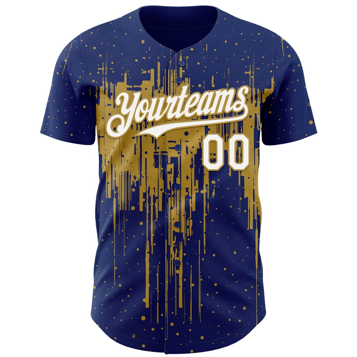 Custom Royal White-Old Gold Dripping Splatter Paint Authentic Baseball Jersey baseball jersey product view 2