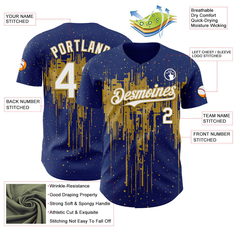 Custom Royal White-Old Gold Dripping Splatter Paint Authentic Baseball Jersey baseball jersey product view 3