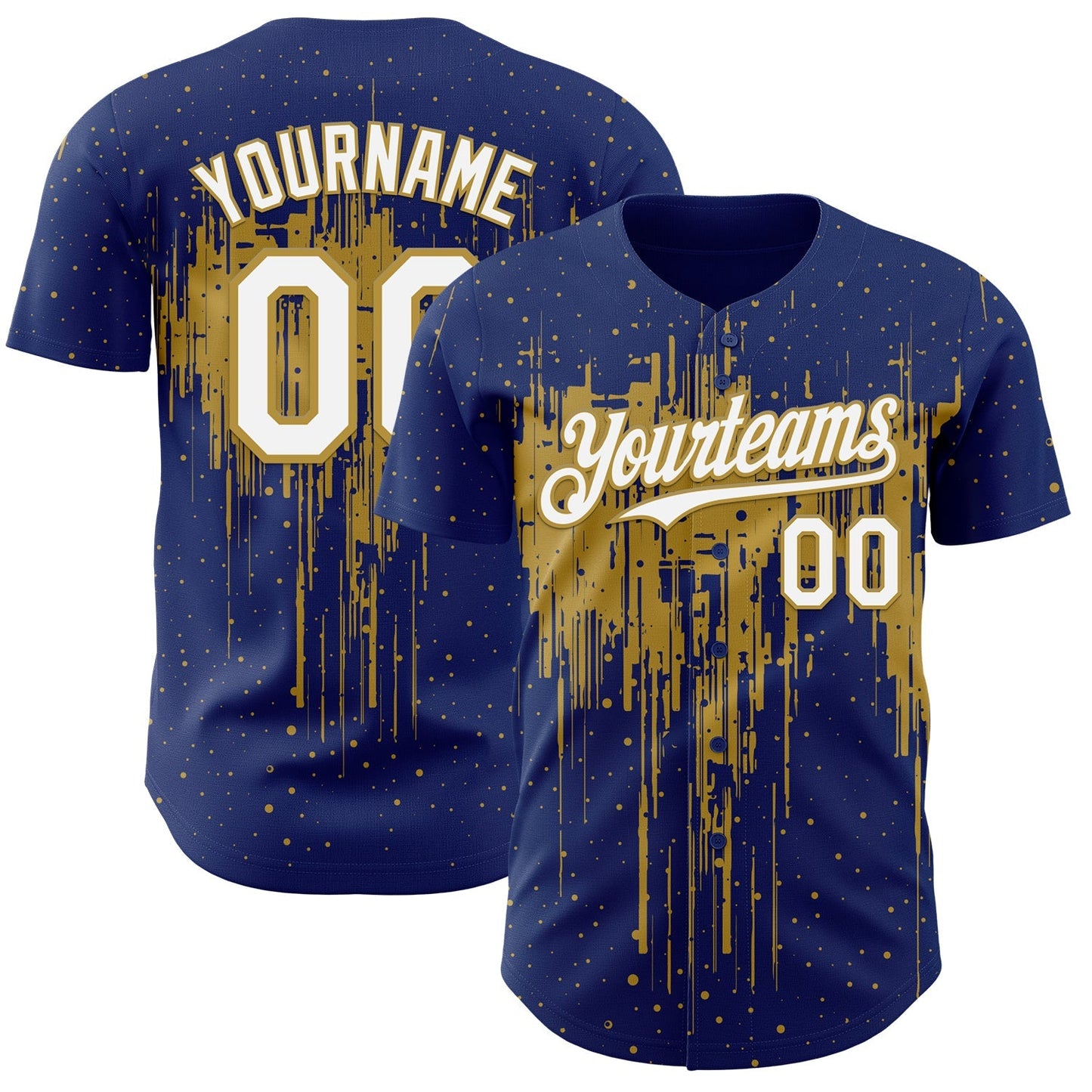 Custom Royal White-Old Gold Dripping Splatter Paint Authentic Baseball Jersey baseball jersey product view 1