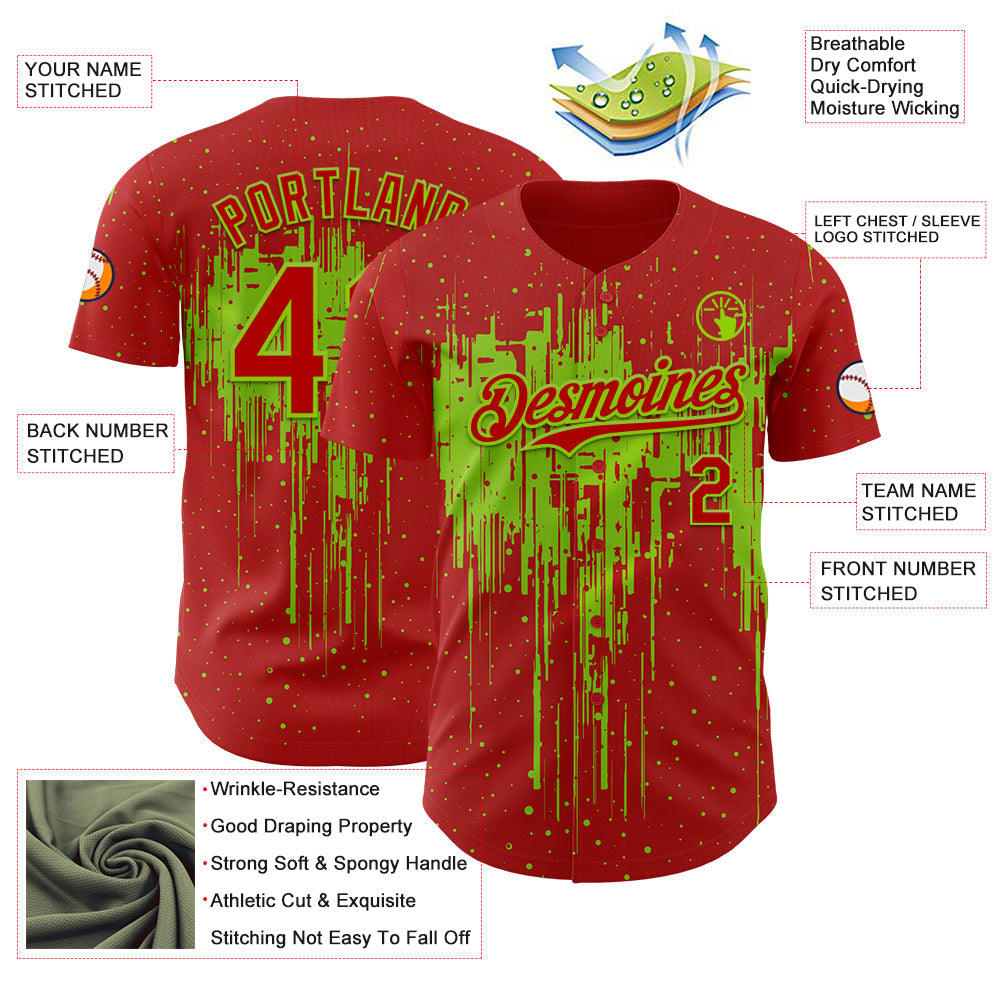 Custom Red Neon Green Dripping Splatter Paint Authentic Baseball Jersey baseball jersey product view 3