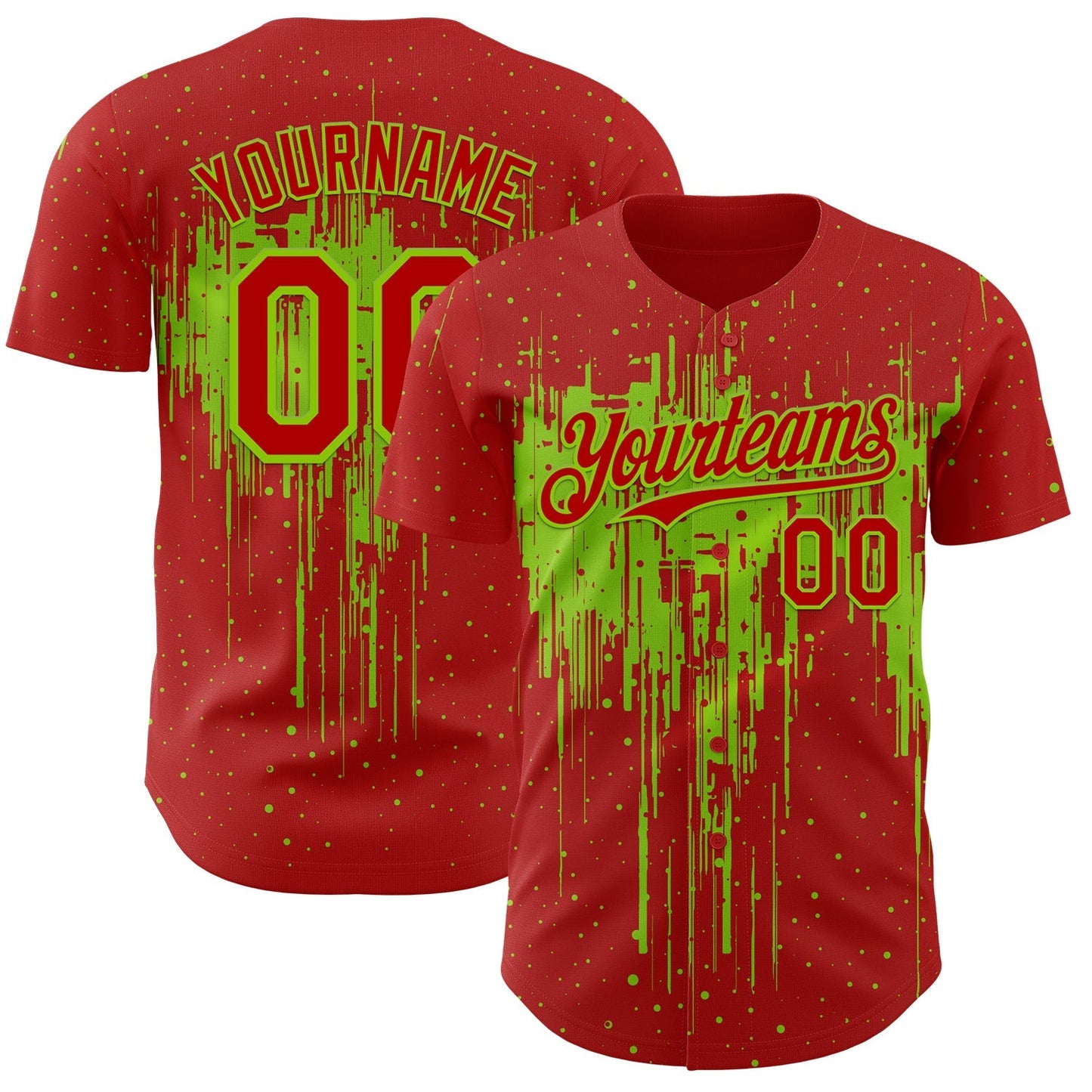 Custom Red Neon Green Dripping Splatter Paint Authentic Baseball Jersey baseball jersey product view 1