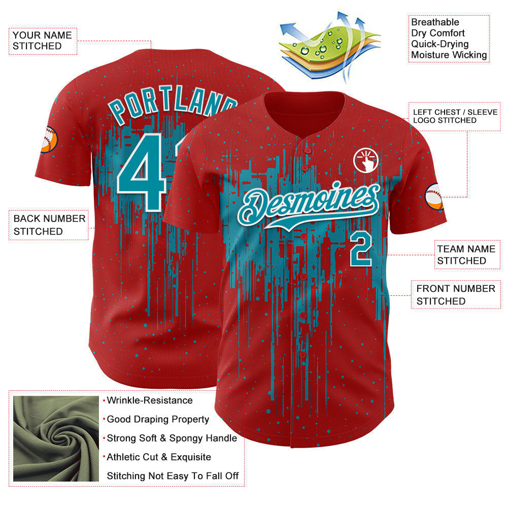 Custom Red Teal-White Dripping Splatter Paint Authentic Baseball Jersey baseball jersey product view 3