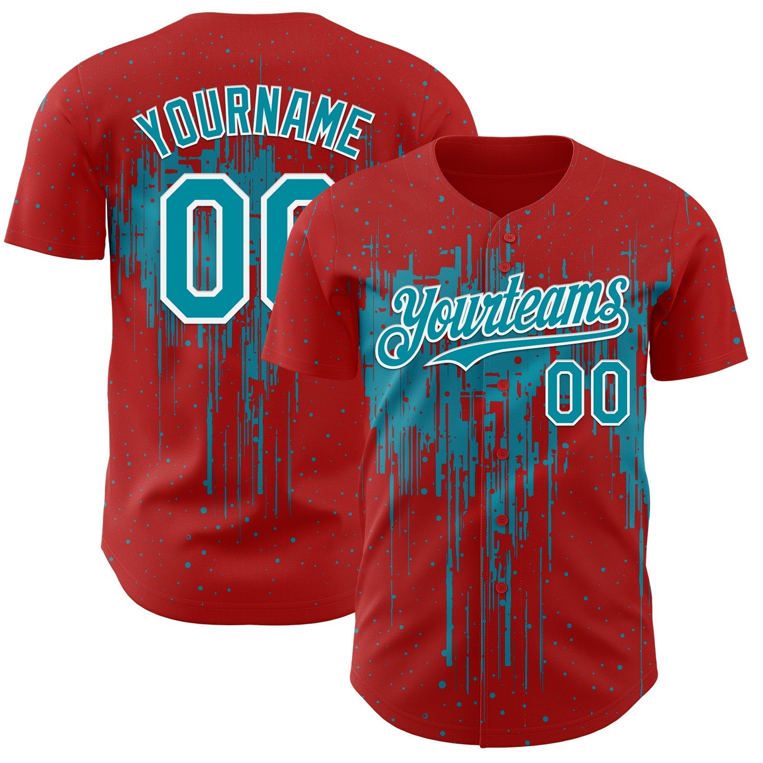 Custom Red Teal-White Dripping Splatter Paint Authentic Baseball Jersey baseball jersey product view 1