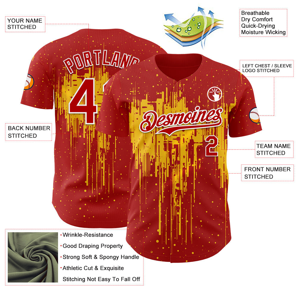 Custom Red White-Yellow Dripping Splatter Paint Authentic Baseball Jersey baseball jersey product view 3