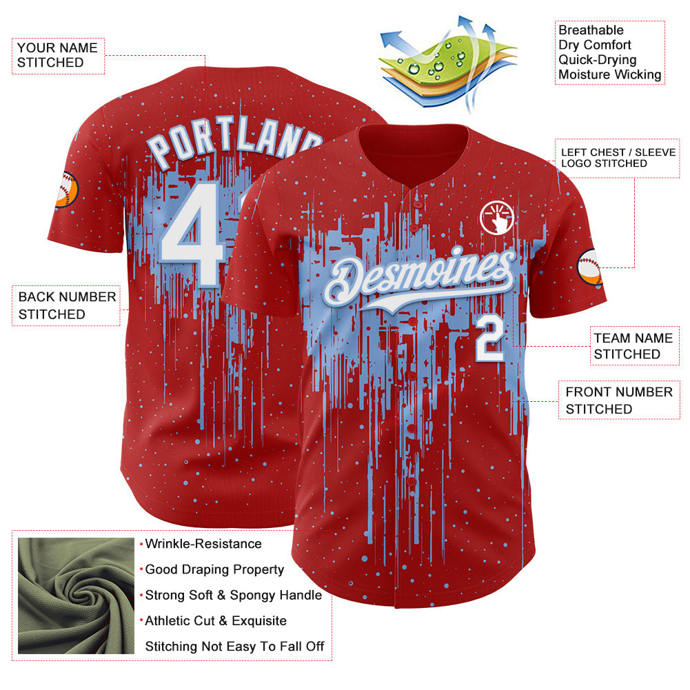 Custom Red White-Light Blue Dripping Splatter Paint Authentic Baseball Jersey baseball jersey product view 3