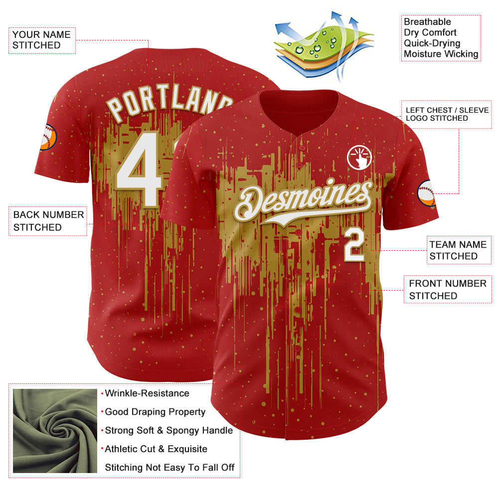 Custom Red White-Old Gold Dripping Splatter Paint Authentic Baseball Jersey baseball jersey product view 3