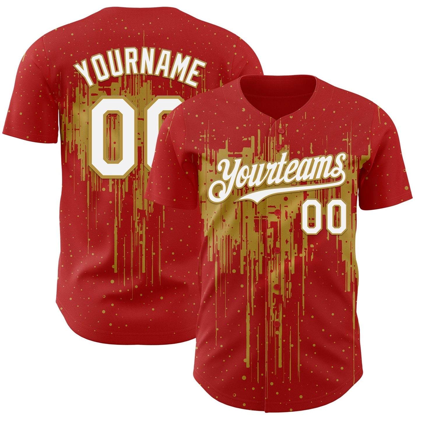 Custom Red White-Old Gold Dripping Splatter Paint Authentic Baseball Jersey baseball jersey product view 1
