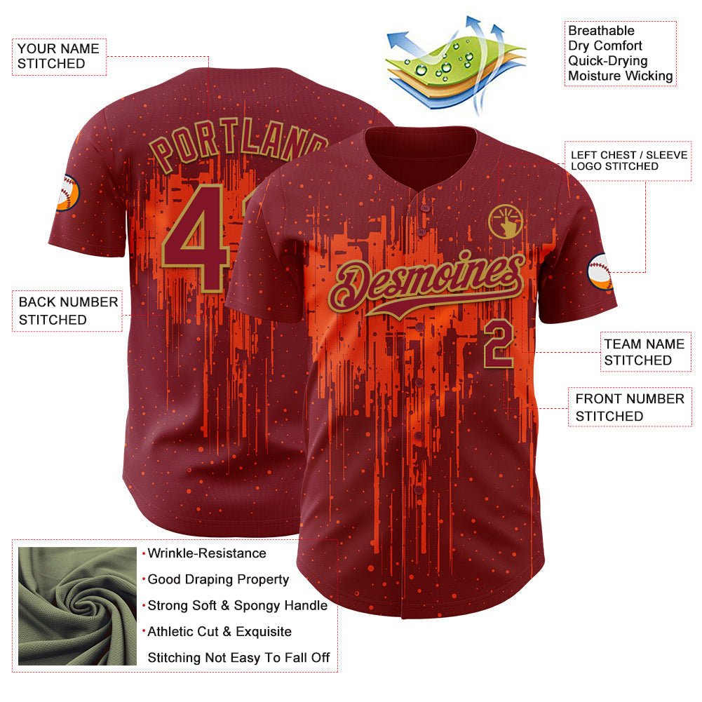 Custom Crimson Old Gold Orange Dripping Splatter Paint Authentic Baseball Jersey baseball jersey product view 3