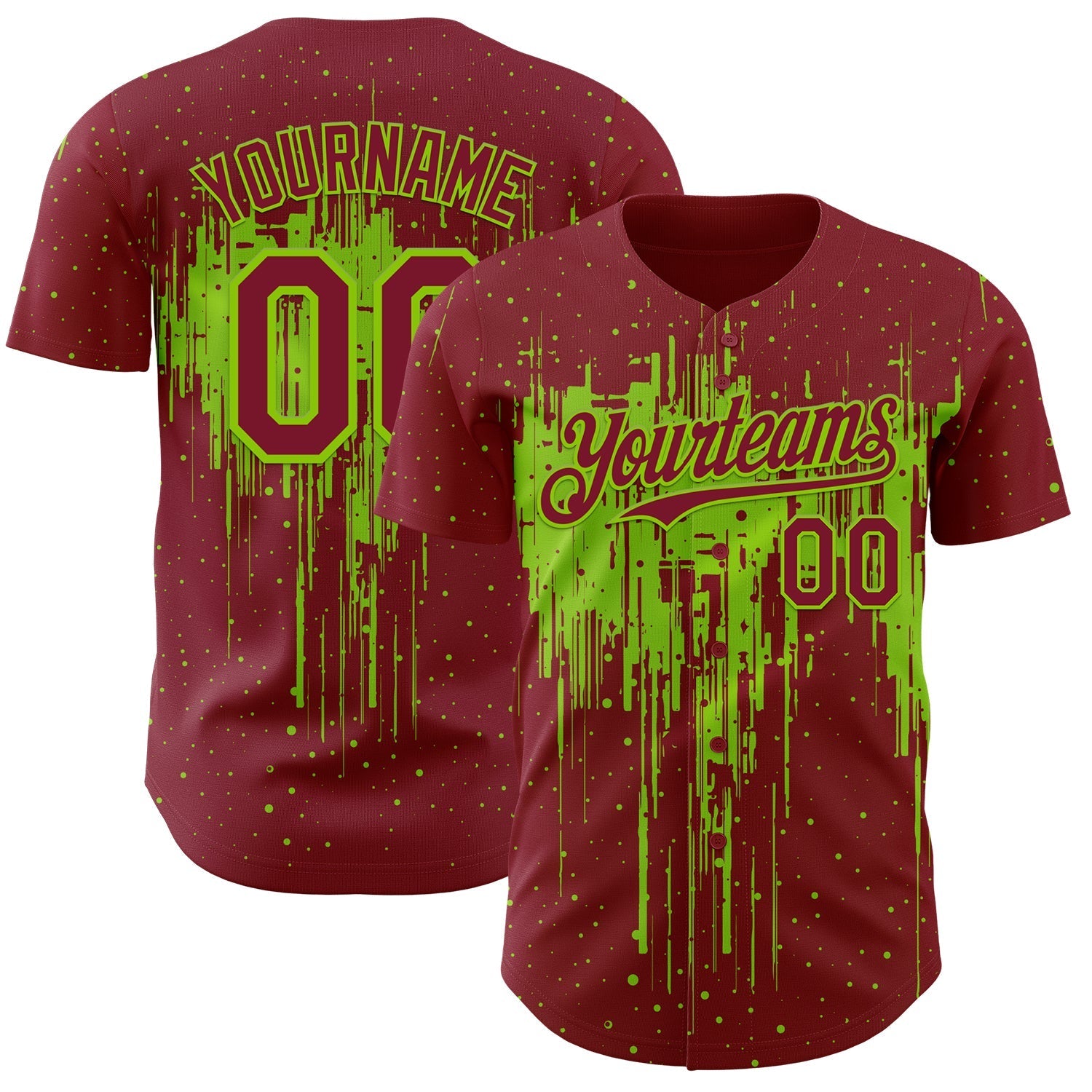 Custom Crimson Neon Green Dripping Splatter Paint Authentic Baseball Jersey baseball jersey product view 1