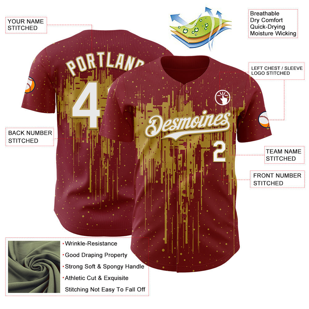 Custom Crimson White-Old Gold Dripping Splatter Paint Authentic Baseball Jersey baseball jersey product view 3