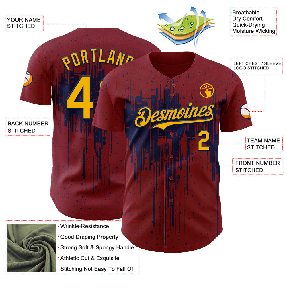 Custom Crimson Gold-Navy Dripping Splatter Paint Authentic Baseball Jersey baseball jersey product view 3