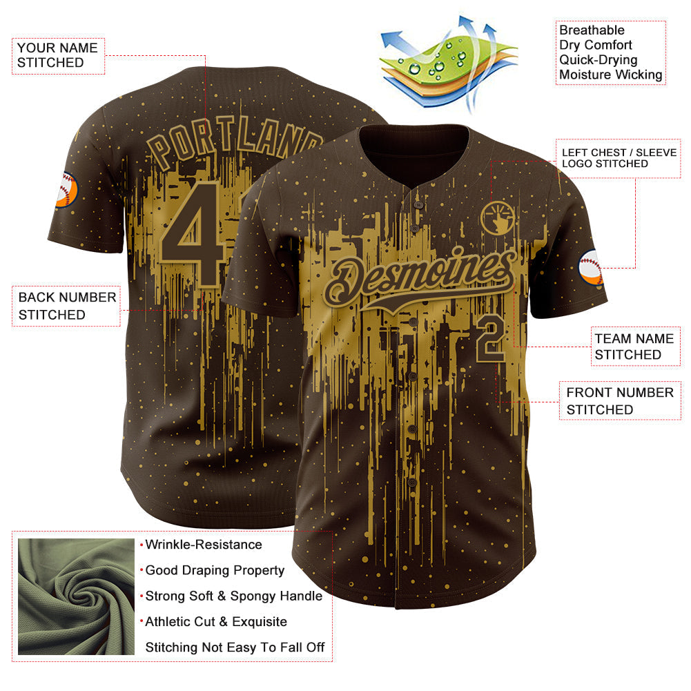 Custom Brown Old Gold Dripping Splatter Paint Authentic Baseball Jersey baseball jersey product view 3