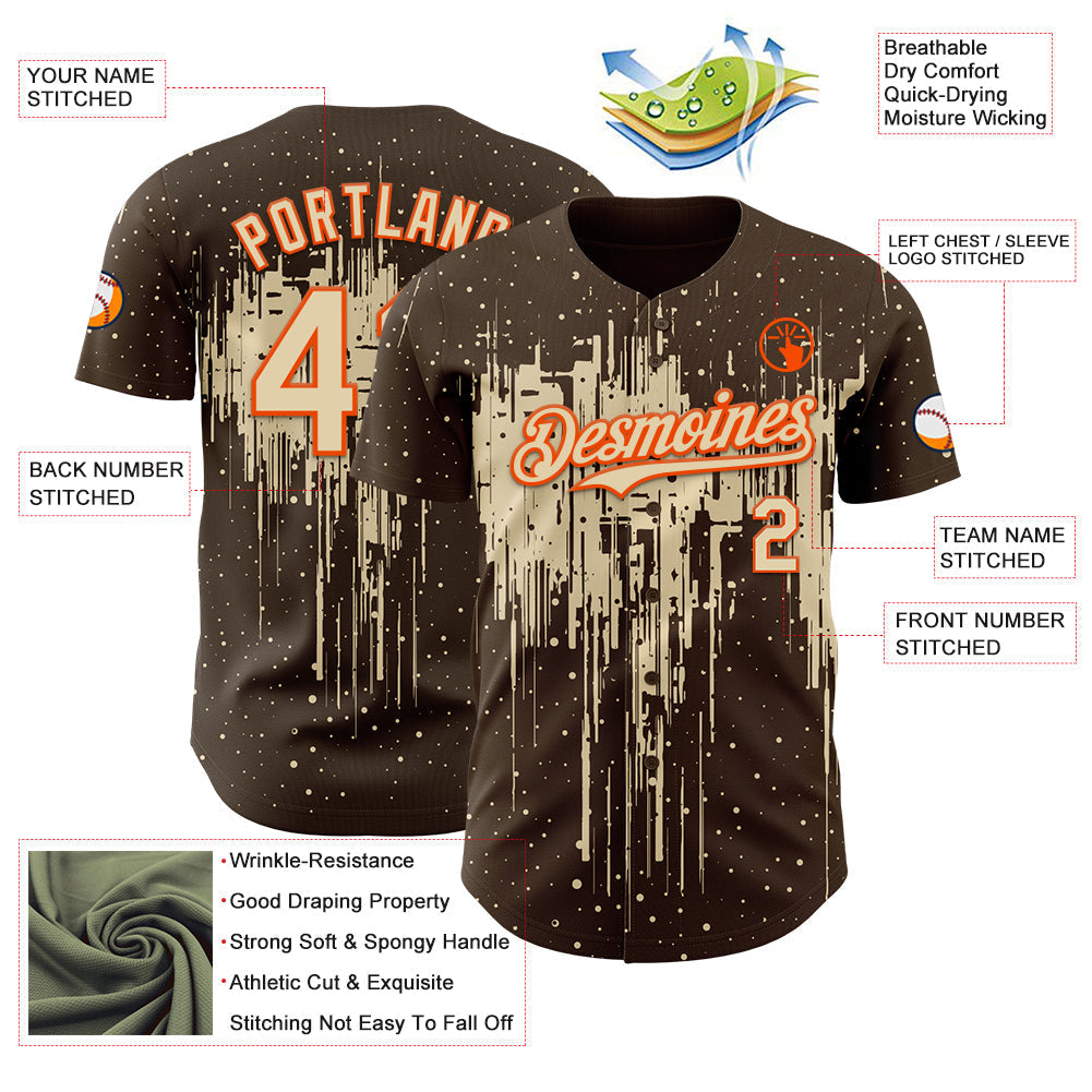 Custom Brown Cream-Orange Dripping Splatter Paint Authentic Baseball Jersey baseball jersey product view 3