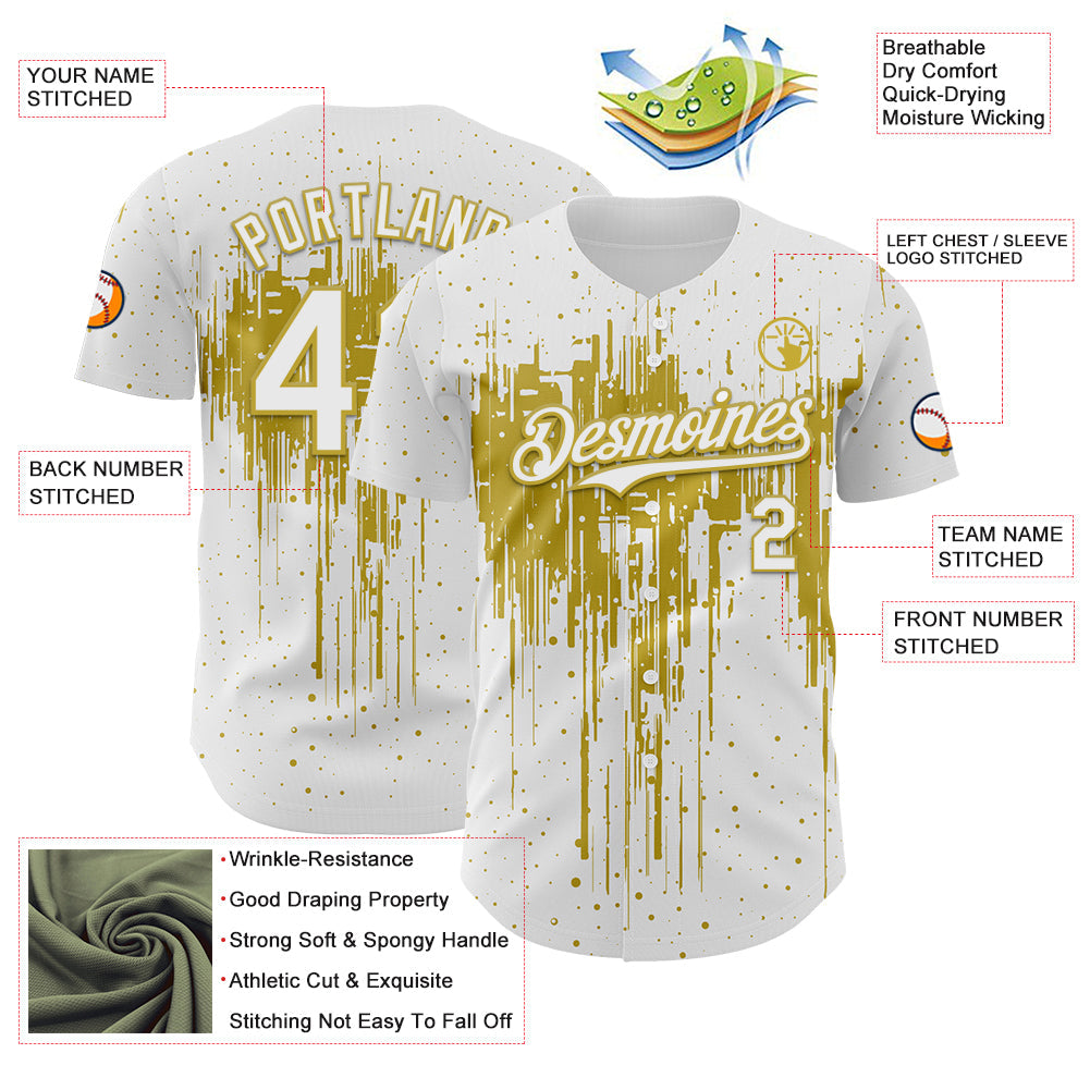 Custom White Old Gold Dripping Splatter Paint Authentic Baseball Jersey baseball jersey product view 3